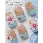 Fresh Blue French 3D‑Floral Press‑On Nails, Short Square Hand‑Painted Green Leaf False Nails with Metal Starfish & Gold Beads
